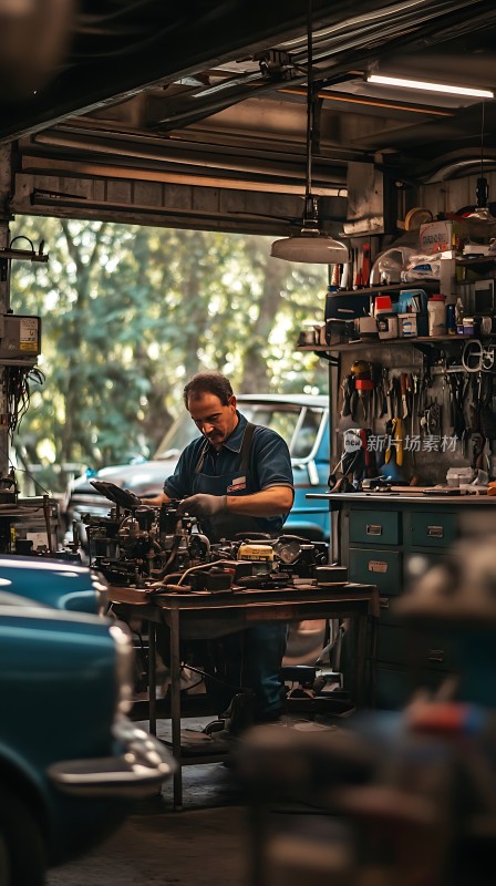 修车工人在车间里专注地工作周围摆放着各种工具和汽车零件