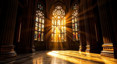 阳光洒进教堂内部彩色玻璃窗透出神圣光芒
