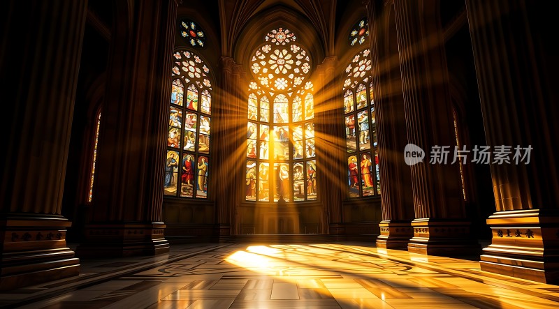 阳光洒进教堂内部彩色玻璃窗透出神圣光芒