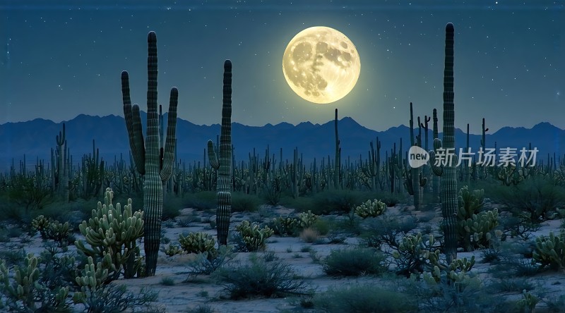 沙漠之夜月光下的仙人掌