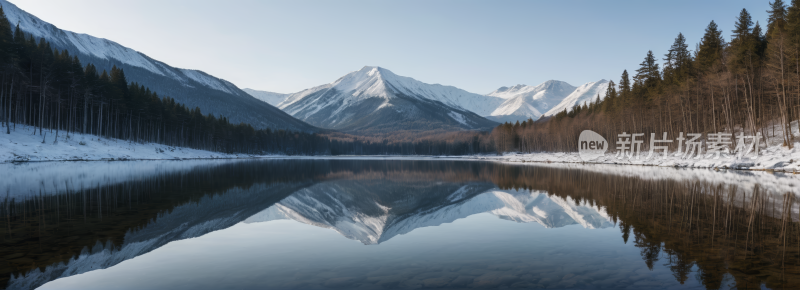 山倒映在被白雪覆盖的树木包围的湖泊中风景