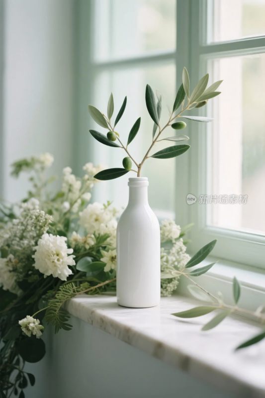 窗边的白色花瓶与花草
