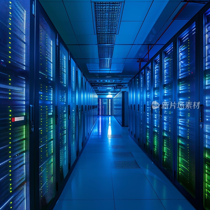 数据中心内部服务器机柜排列整齐灯光闪烁