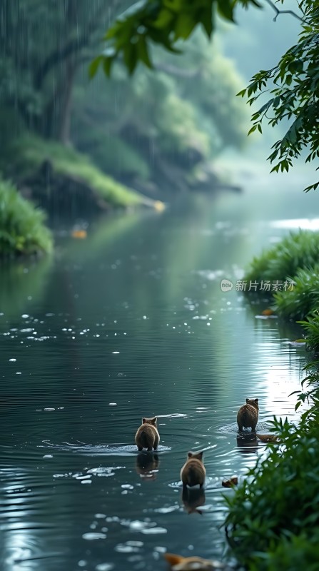 雨中三只小狐狸涉水前行