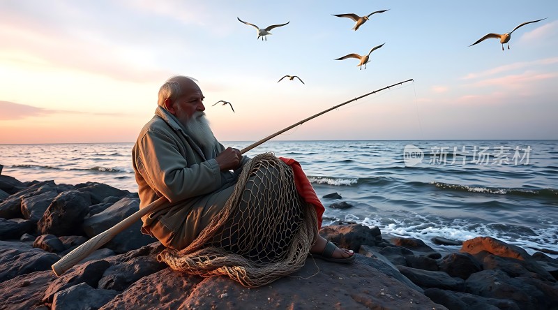 日落时分垂钓者与海鸥共舞