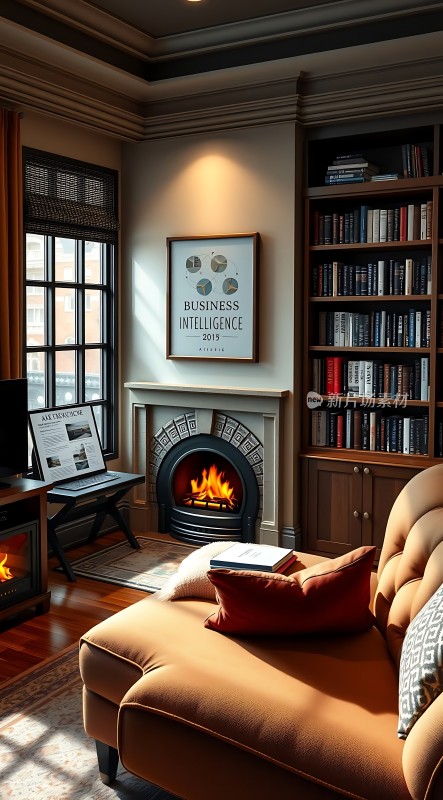 温馨书房舒适沙发壁炉旁阅读时光