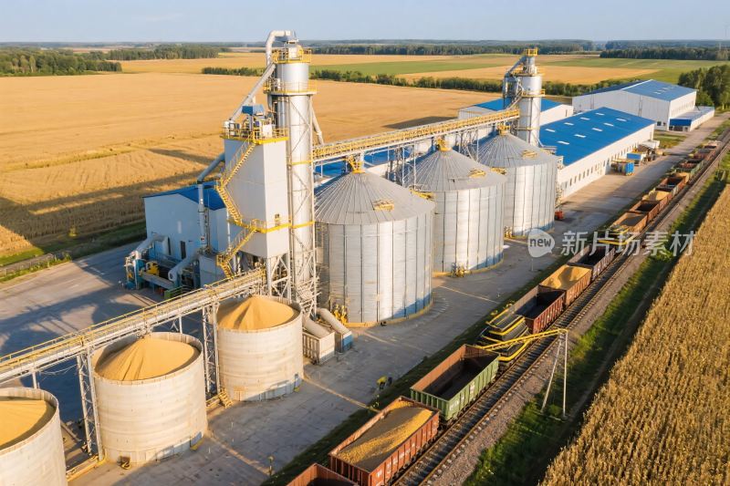 农田旁的大型粮食仓储设施