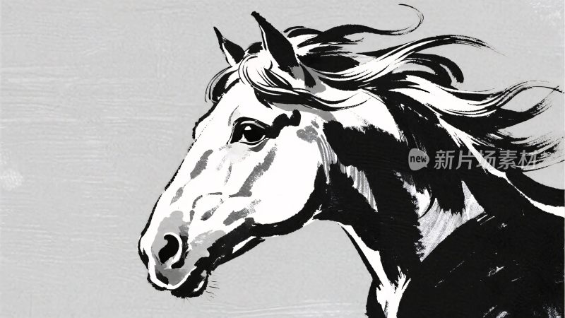 黑白骏马头部插画