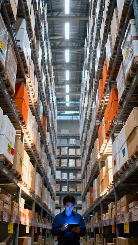 仓库深处专注检查商品的工人