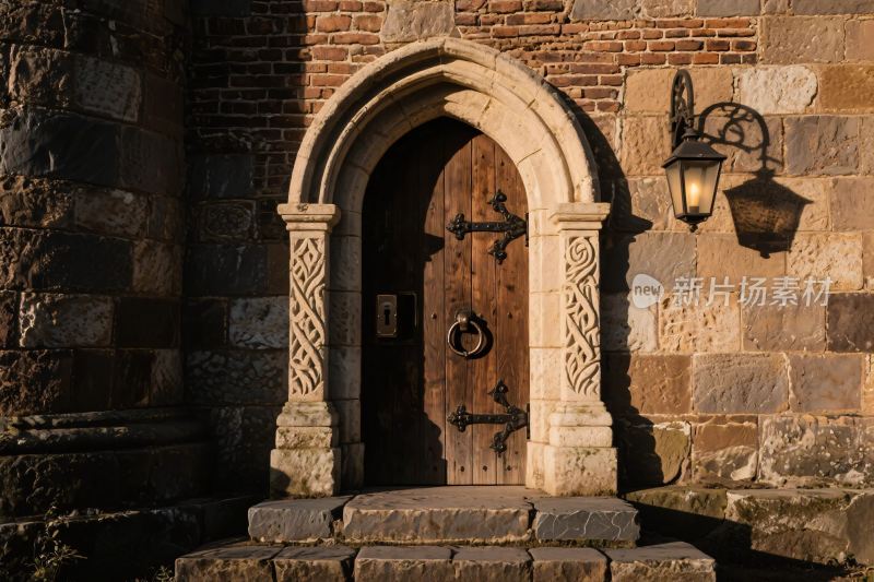 古建筑木门与石材墙面