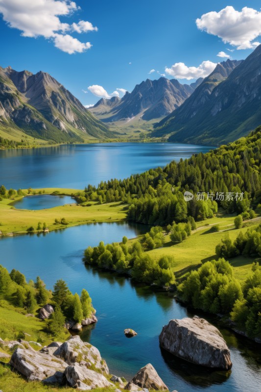 山和湖周围环绕着绿草和树木高清风景图片