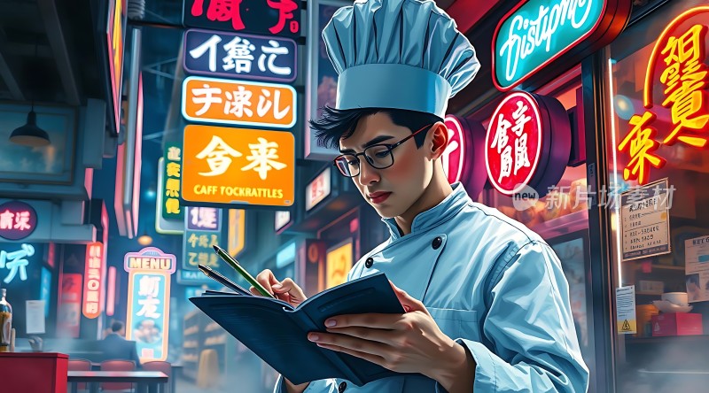 厨师在霓虹灯下记录菜单