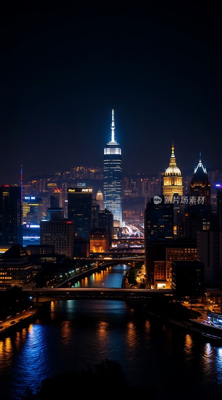 上海夜景黄浦江畔灯火辉煌摩天大楼璀璨夺目