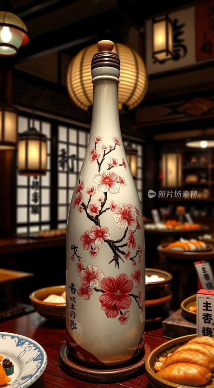 日式樱花酒瓶与美食