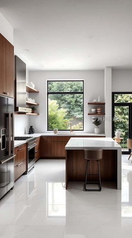 现代厨房设计木质橱柜与白色台面相得益彰自然光线充足简约而温馨