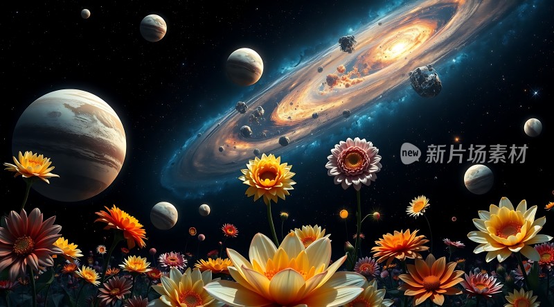 宇宙花海行星与花朵共舞