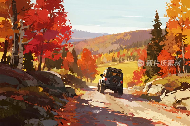 秋日山林中行驶的越野车
