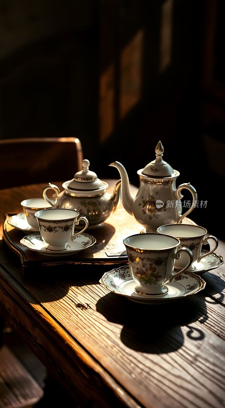 阳光下的精美茶具套装