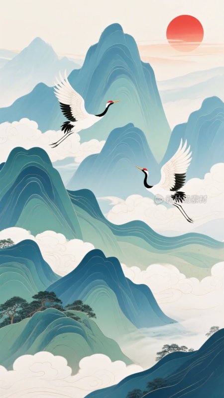 山水间双鹤伴红日飞翔