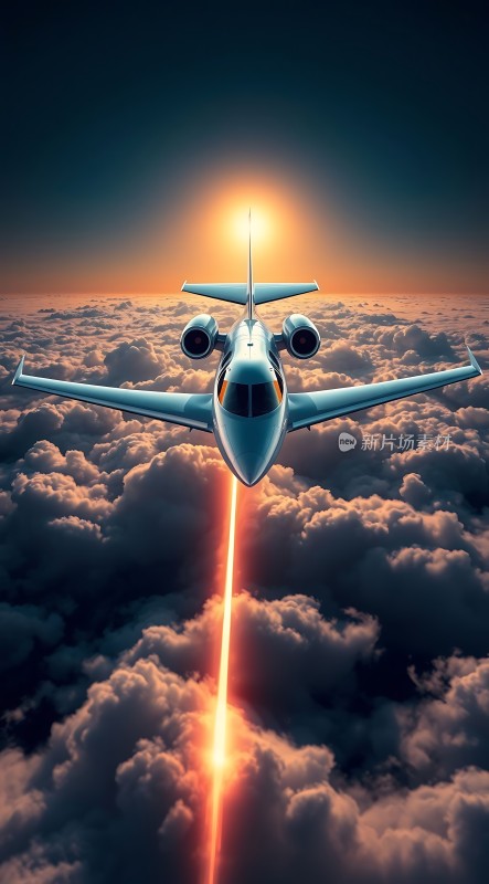 蓝天白云间飞机破云而出阳光照耀下的飞行之旅