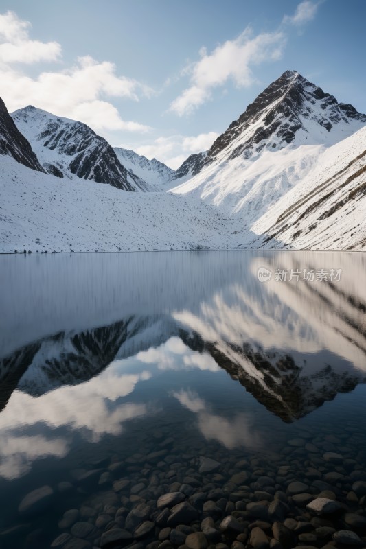 山倒映在湖中地面上有岩石和雪图片