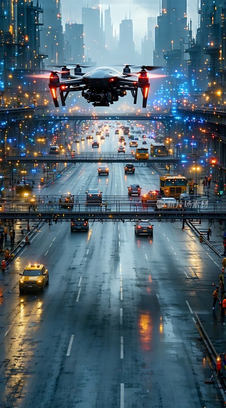 未来之城无人机与车流共舞