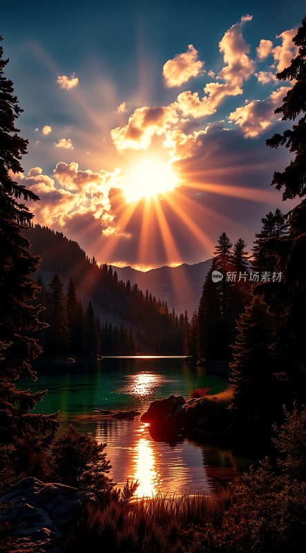 湖畔日落映翠波