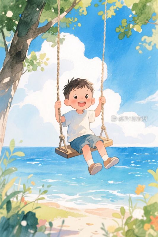 男孩荡秋千的插画