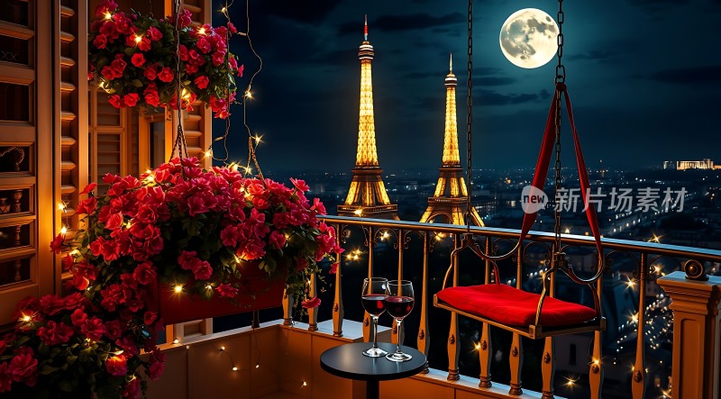 巴黎夜景下的浪漫阳台