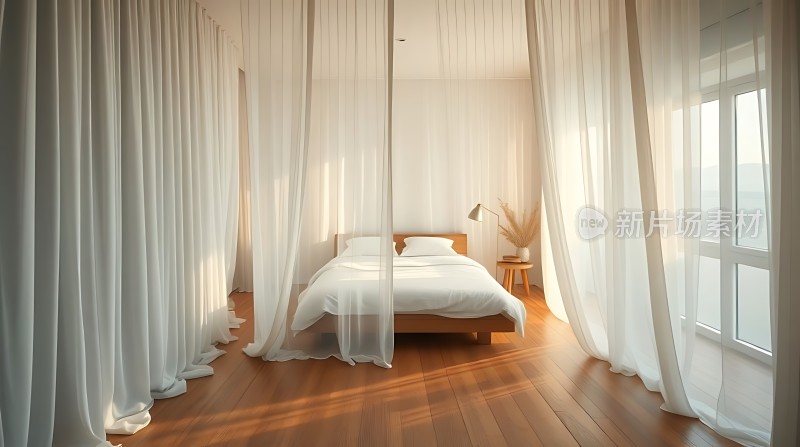 阳光洒满现代卧室白色床铺与窗帘相映成趣