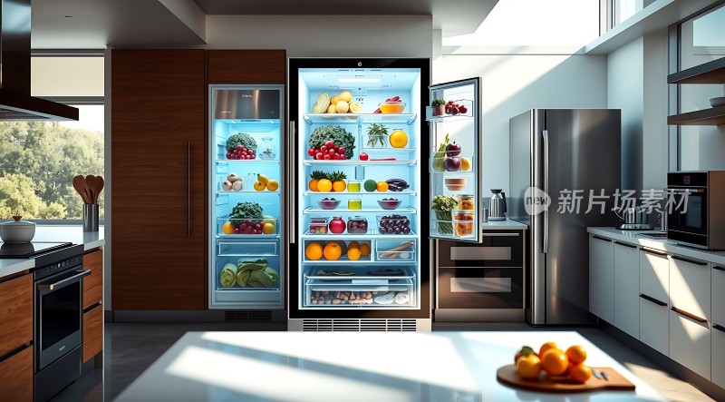 现代厨房冰箱敞开展示丰富食材