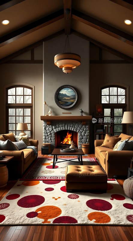 温馨壁炉客厅舒适沙发与地毯