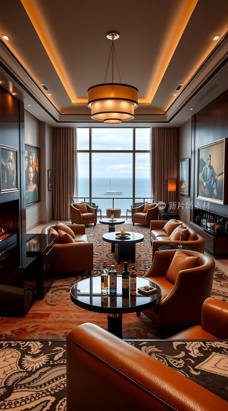 豪华客厅舒适沙发精美地毯艺术画作落地窗景致
