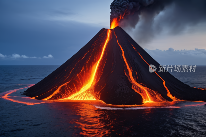 火山有熔岩熔岩在夜间流入海洋高清风景图片