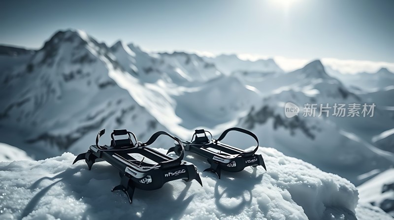 雪地上的滑雪板与雪山背景