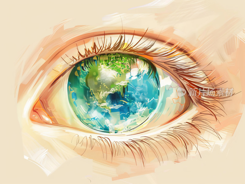 漂亮的大眼睛瞳孔中是绿色植物环境