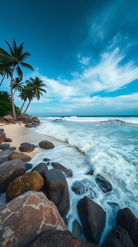 椰林轻摇海浪轻拍沙滩