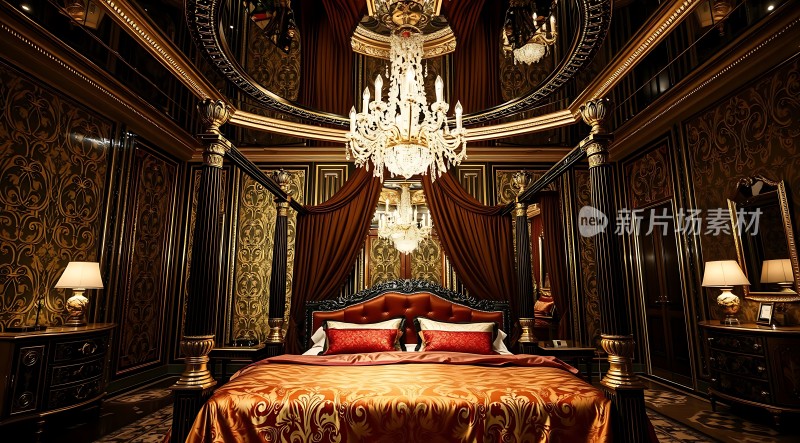 豪华卧室金色装饰精致床品璀璨吊灯