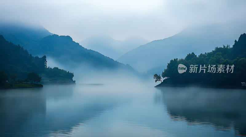 清晨迷雾湖面神秘朦胧湖泊湖水镜面倒影