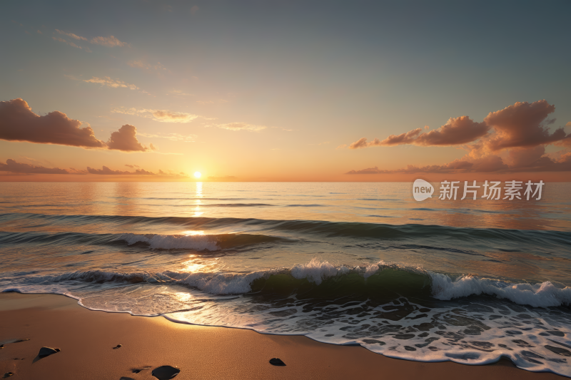 海上的日落海浪拍打着海滩高清风景图片