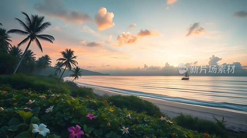 椰林花海映日落帆影