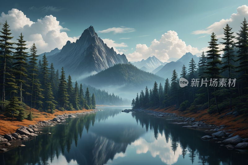 山和树倒映一个仍然流动的湖中风景插画图片