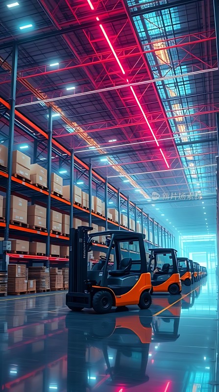 仓库里的橙色叉车