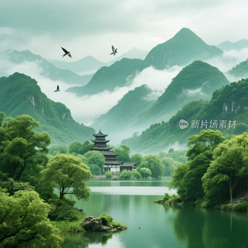 山水古塔风景插画