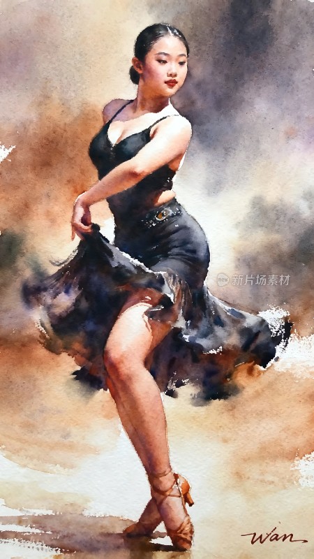 黑色舞裙旋转的优雅舞者