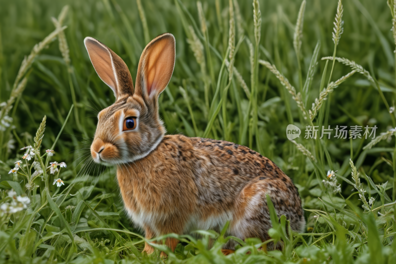 一只兔子坐在草地上高清图片