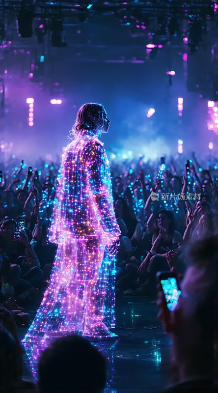 舞台灯光下的炫彩表演者与热情观众互动