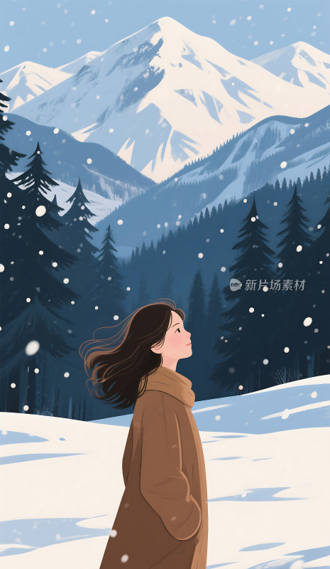 扁平风格冬天雪地里的女孩插画