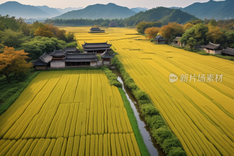 一片黄色花田的景色中间房子风景图片