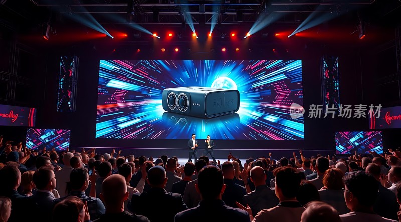 新品发布会现场观众热情高涨舞台中央大屏幕展示产品